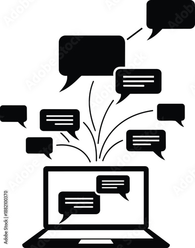 Laptop with multiple chat bubbles, communication concept, speech icons