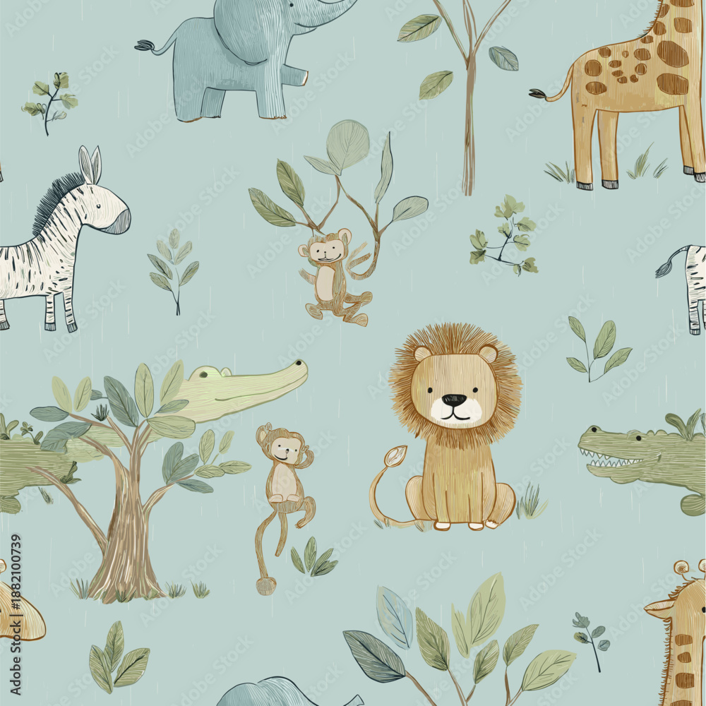 Fototapeta premium Safari animals pattern with giraffes, elephants, and lions on a light blue background. Cute cartoon jungle animals seamless pattern