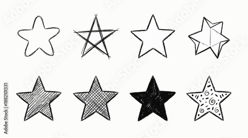 Star Shape Vector Icon Set – 8 Artistic Black-and-White Outlined and Filled Stars for Design, Pattern Recognition, and Decorative Illustration Use