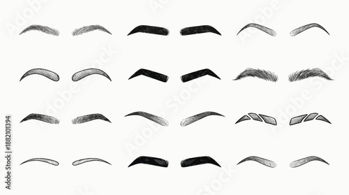 Eyebrow Shape Vector Reference Set – 20 Black-and-White Styles for Makeup Artistry, Facial Aesthetics, Character Design, and Cosmetic Consultation Use