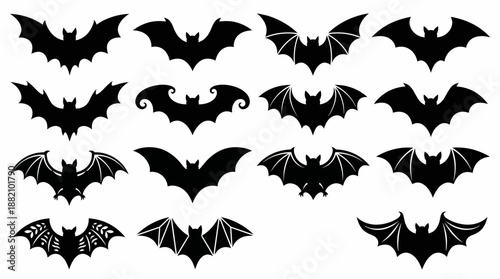 Bat Silhouette Vector Icon Set – Black-and-White Winged Shapes for Halloween, Nocturnal Creatures, and Spooky Graphic Design Use