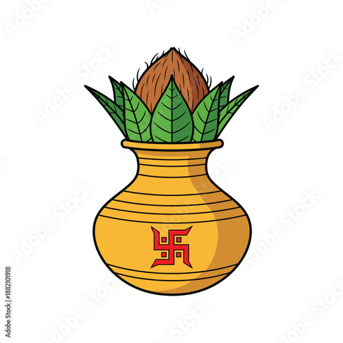Puja kalash sacred ritual pot in colorful traditional design vector illustration