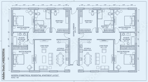 Four-Plex Apartment Floor Plan – Symmetrical Black-and-White Architectural Layout with Living, Kitchen, Bedrooms, and Central Corridor for Design and Construction Use