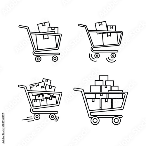 Set of shopping cart filled with boxes line art vector illustration
