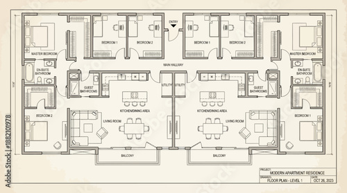 Four-Plex Apartment Floor Plan – Symmetrical Black-and-White Architectural Layout with Living, Kitchen, Bedrooms, and Central Corridor for Design and Construction Use