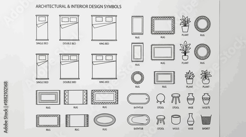 Interior Design Element Vector Set – Beds, Rugs, Furniture, Plants, and Decor Icons for Room Layout, Home Styling, and Virtual Planning Use
