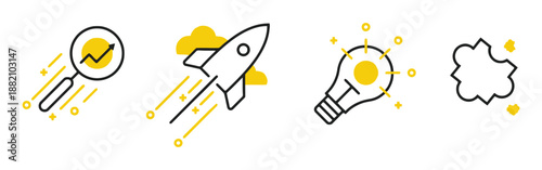 Set of startup launching vector concept design with magnifying glass rocket lightbulb cloud isolated on white background business promotion metaphor