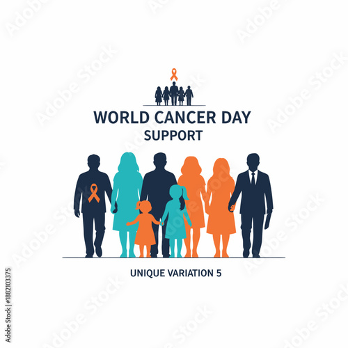 World Cancer Day support illustration featuring diverse people standing together with orange awareness ribbons.