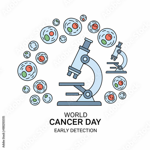 World Cancer Day illustration with microscopes and cancer cells for early detection awareness.