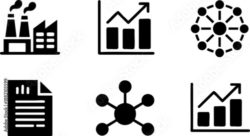 Business Industry Icons | Factory, Chart, Network, and Data Management Vector for Corporate Design