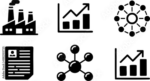 Business Industry Icons | Factory, Chart, Network, and Data Management Vector for Corporate Design