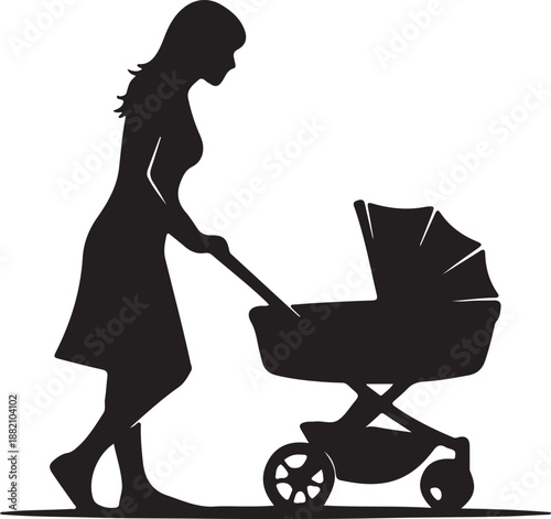 Silhouette of a mother pushing a baby carriage with her newborn child inside happily