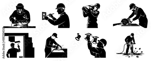 Construction workers silhouette set, builders performing manual labor with tools, renovation and industry icons