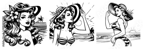 Summer beach woman sketch set, girl in bikini and sun hat, retro fashion line art, holiday relaxing portrait