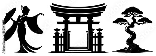 Japanese culture symbols set, Geisha woman silhouette, Torii gate and Bonsai tree, traditional Asian icons