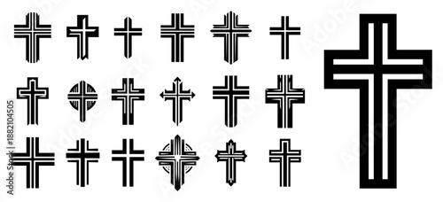 Christian cross symbol set, religious crucifix icons collection, geometric church faith elements