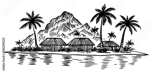 Tropical island landscape sketch, palm trees and beach bungalows near mountains, summer exotic vacation drawing