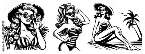 Retro pin-up girl on beach, woman in bikini and sunglasses, vintage summer fashion sketch