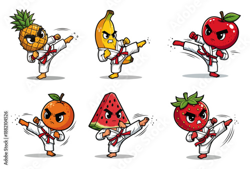 Cartoon fruit martial arts characters set, funny karate food mascots kicking in uniform, healthy vitamin fighters
