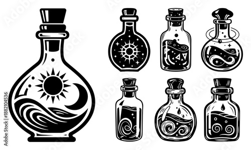 Magic potion bottle set, alchemy glass flasks with celestial symbols, fantasy witchcraft elixir vector illustration