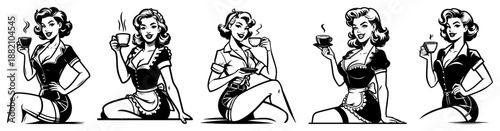 Retro waitress woman holding coffee cup set, vintage pin-up girl drinking tea, 50s diner fashion sketch