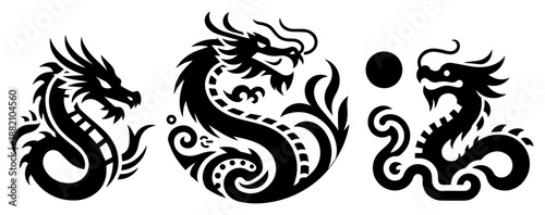 Tribal Chinese dragon silhouette set, tattoo art mythology serpent symbols, black monster logo elements
