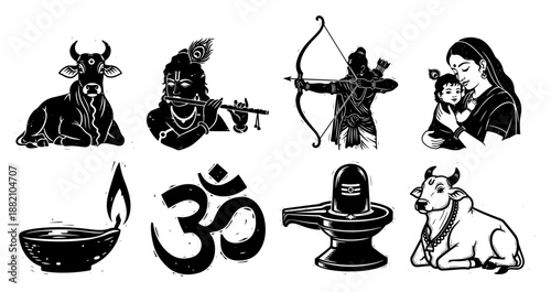 Hindu religious symbols set, Lord Krishna Shiva Lingam Om sign and Holy Cow icons, Indian spirituality vector
