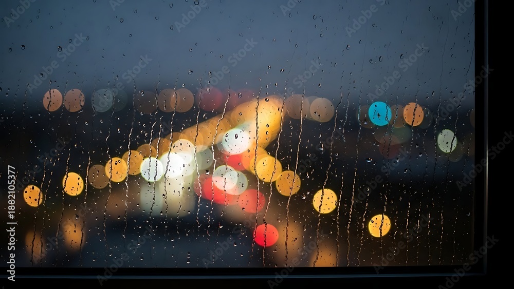 Obraz premium Rain drops on glass window with bokeh city lights