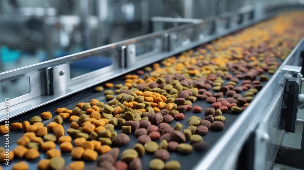 Fototapeta premium Colorful pet food kibble on a conveyor belt in a modern manufacturing facility.