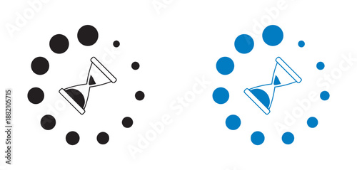 Waiting time black and blue vector icons with hourglass symbol surrounded with moving circles loading or processing data isolated on white backdrop