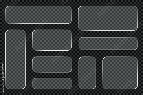 Liquid glass button interface, light frame banner set, glass panel set for mobile and web app, tech board frame in futuristic style. Light png banner collection with glow effect, vector illustration
