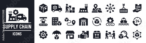 Supply chain icons set vector illustration in glyph style contains manufacturing, logistics, transportation, distribution, industry, delivery, shipment, warehouse, import and export