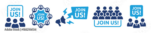 Various join us symbol designs showing recruitment and marketing to attract new members or customers to group or organization with megaphone and people icons vector