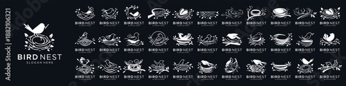 mega bundle set of bird's nest logos. collection bird vector, eggs, roots line and nests house line design elements template.