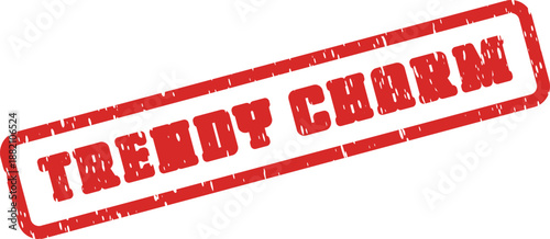 A modern red rubber stamp features Trendy Charm text with a vintage distressed appearance