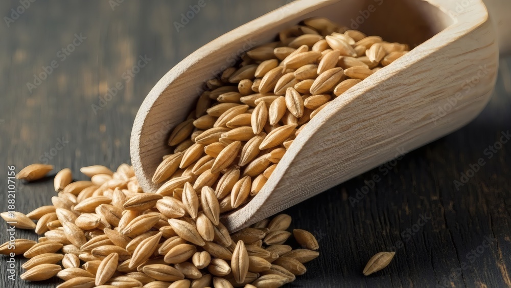 custom made wallpaper toronto digitalWheat grains spilling from a wooden scoop on a rustic dark brown wood table surface perfect for Barley Month