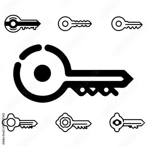 Bold black key icon vector illustration with circular handle and minimal line-art design