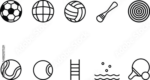 Collection of diverse sports equipment icons including balls paddles targets and a swimming ladder isolated on transparent background