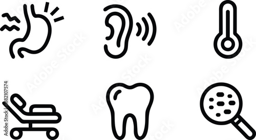Collection of medical and healthrelated icons representing stomach pain hearing fever examination bed tooth and germ inspection