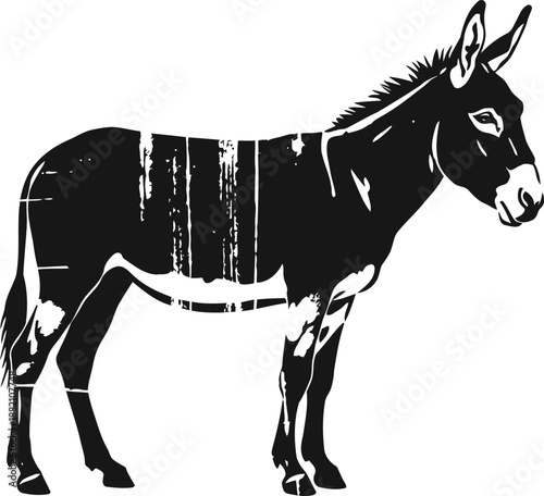 Black and white silhouette of a donkey side view standing animal farm livestock