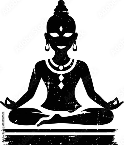 Silhouette of a meditating woman in lotus pose with jewelry and spiritual symbols