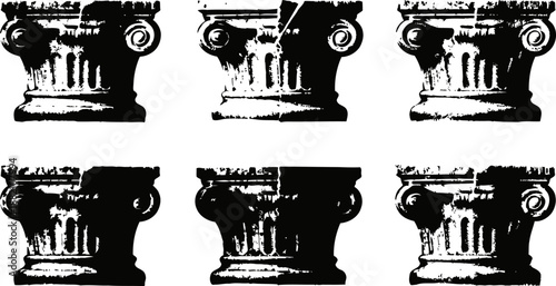 Classical ionic column capitals vector illustrations, ancient greek architecture elements collection