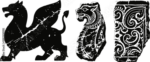 Ancient black silhouette of a winged lion and decorative carved stone pieces with intricate patterns