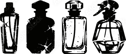 Vintage perfume bottles silhouettes with distressed texture on white background