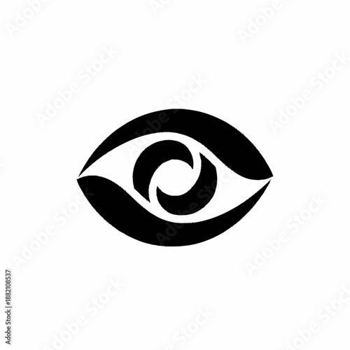 Abstract eye logo with a stylized iris and pupil in black and white.