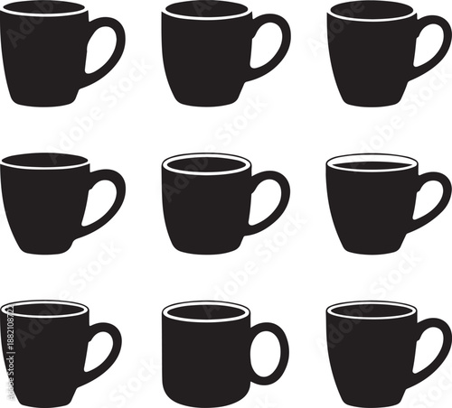 Black coffee mugs in different orientations on white background