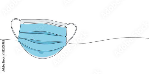 Minimal line illustration of a blue medical face mask with ear loops, symbolizing health protection, hygiene, safety, and respiratory care