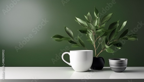 Wallpaper Mural minimalist green black and white still life with a plant and a cup on a table perfect for product display or a modern interior design concept Torontodigital.ca