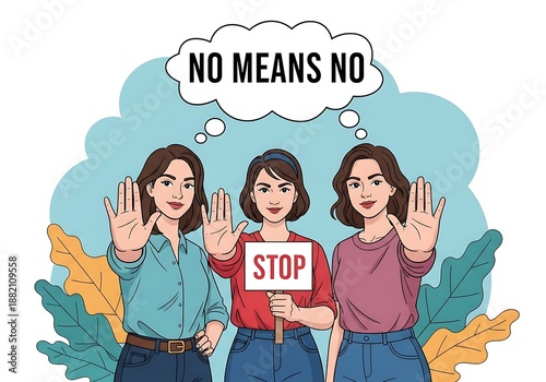 Three Women Demand Consent and Respect with 'No Means No' Message Illustration
