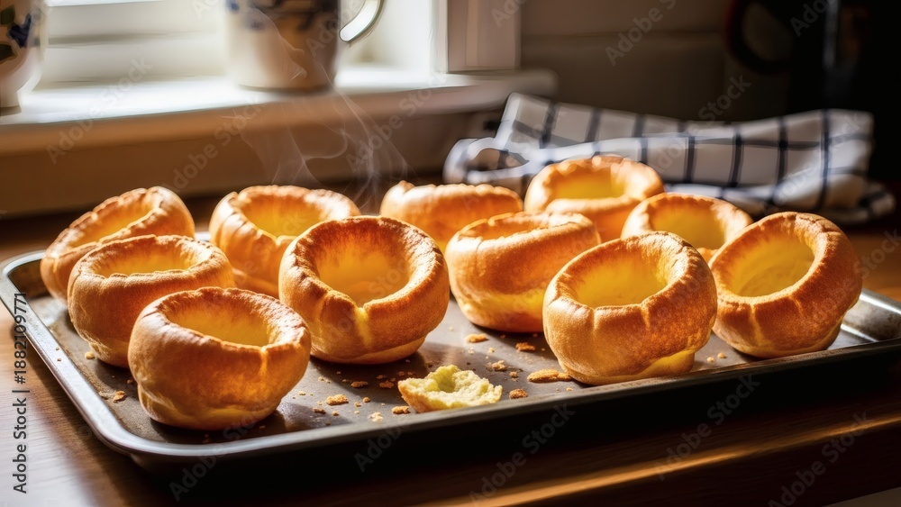 custom made wallpaper toronto digitalA baking tray of freshly baked golden brown yorkshire puddings on a wooden kitchen countertop near a window with a tea towel perfect for British Yorkshire Pudding Day